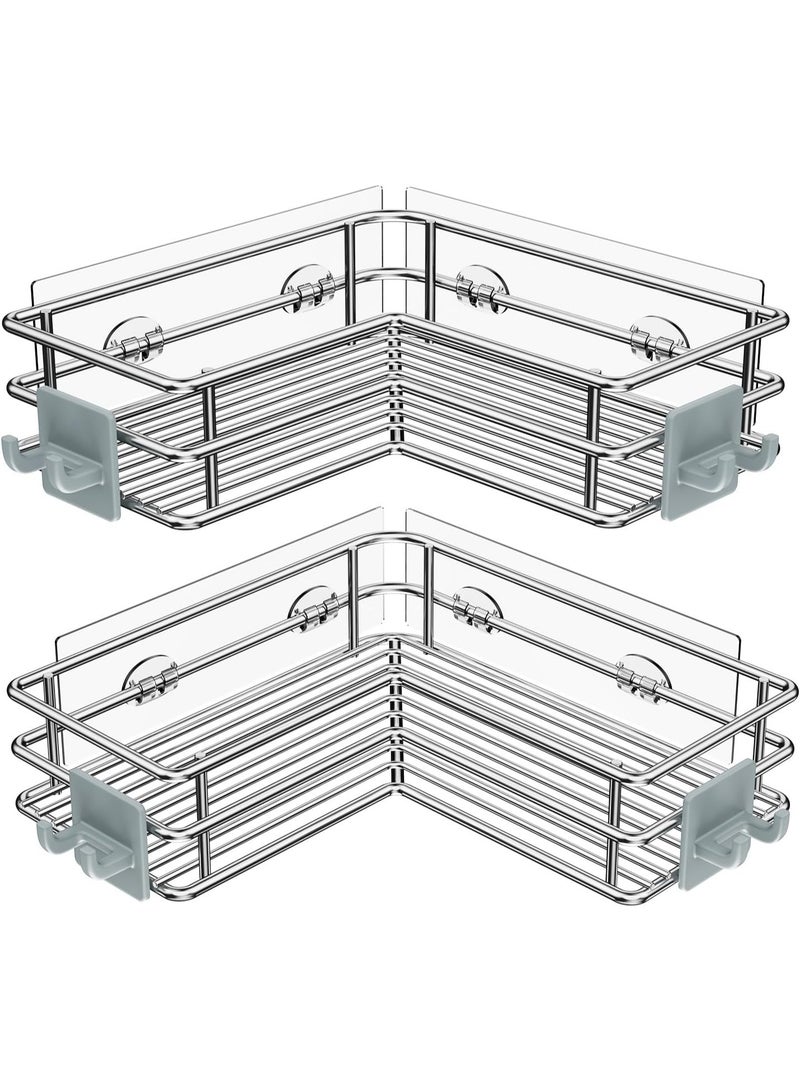 Nieifi Corner Shower Shelves Stainless Steel, Adhesive Shower Caddy Basket Rack with Hooks, Rust Proof for Bathroom Shelf Shampoo Holder (Silver, 2 Pack) - Image 1