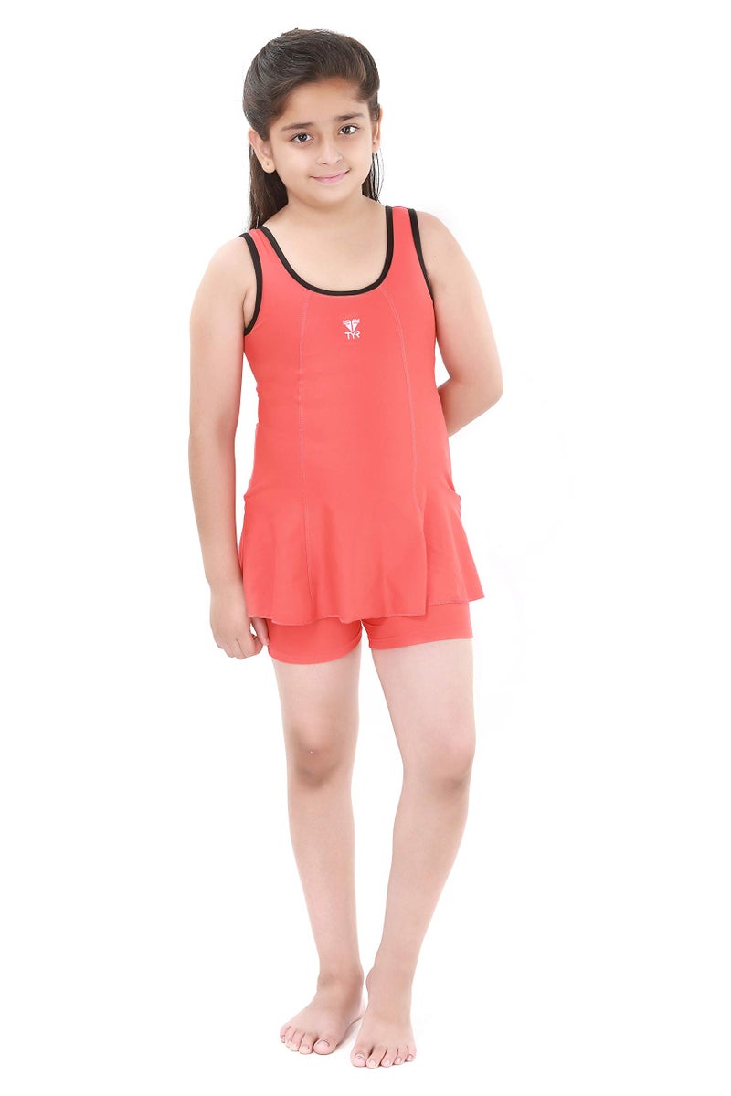 TYR Eco Solid Girls Polyester spandex Frocksuit,22(Coral-Black) - Image 1