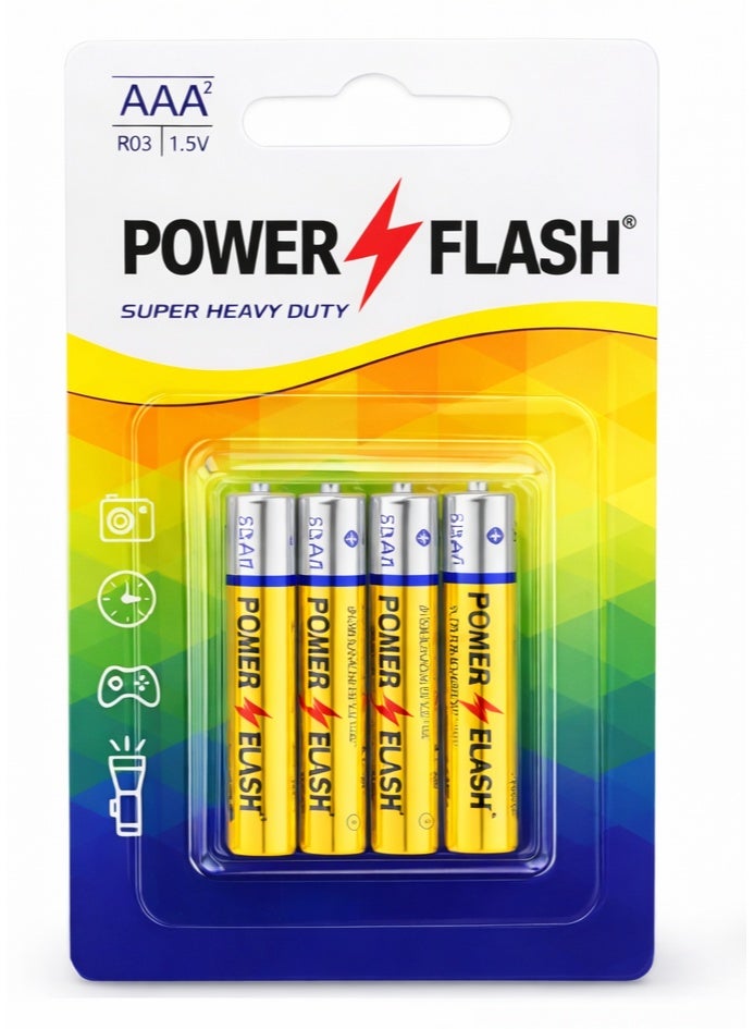 POWER FLASH AAA Zinc Batteries 1.5V – Super Heavy Duty – 4 Pieces Card Pack - Image 1