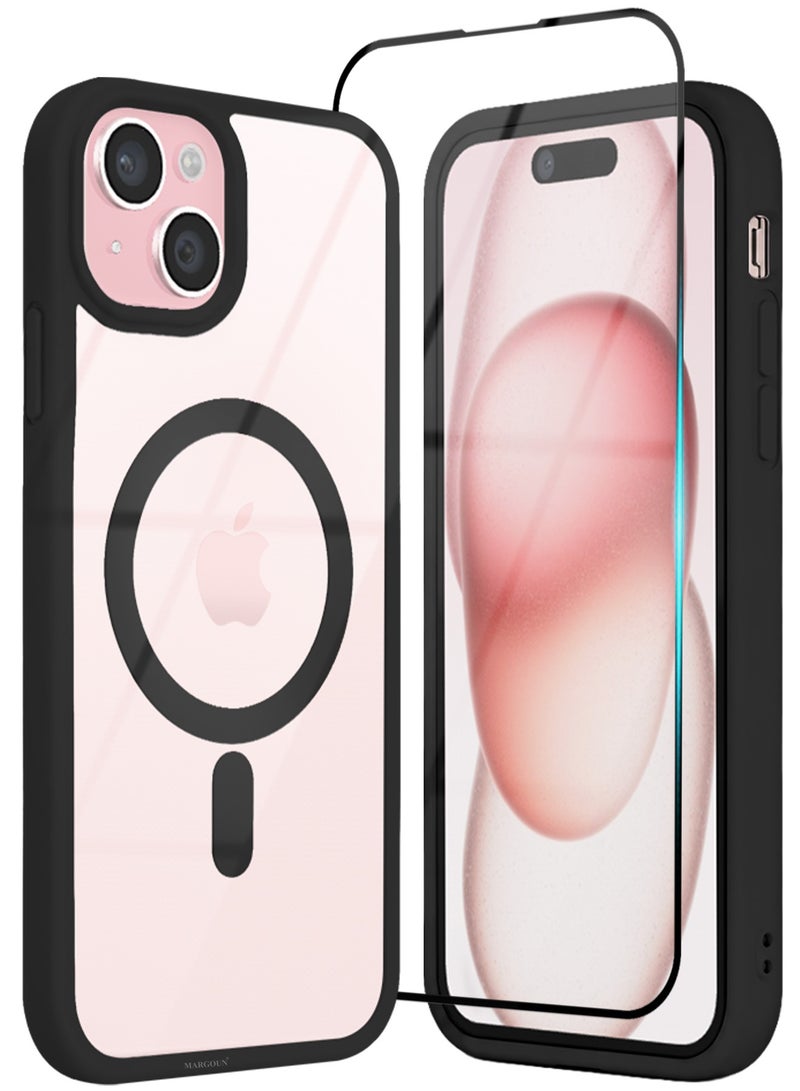 CATANES 2 PACK MagSafe Magnetic Clear Case for iPhone 15 6.1 inch - One Case One 3D Screen Protector - Shockproof Protective Cover with Bumper - Black - Image 2