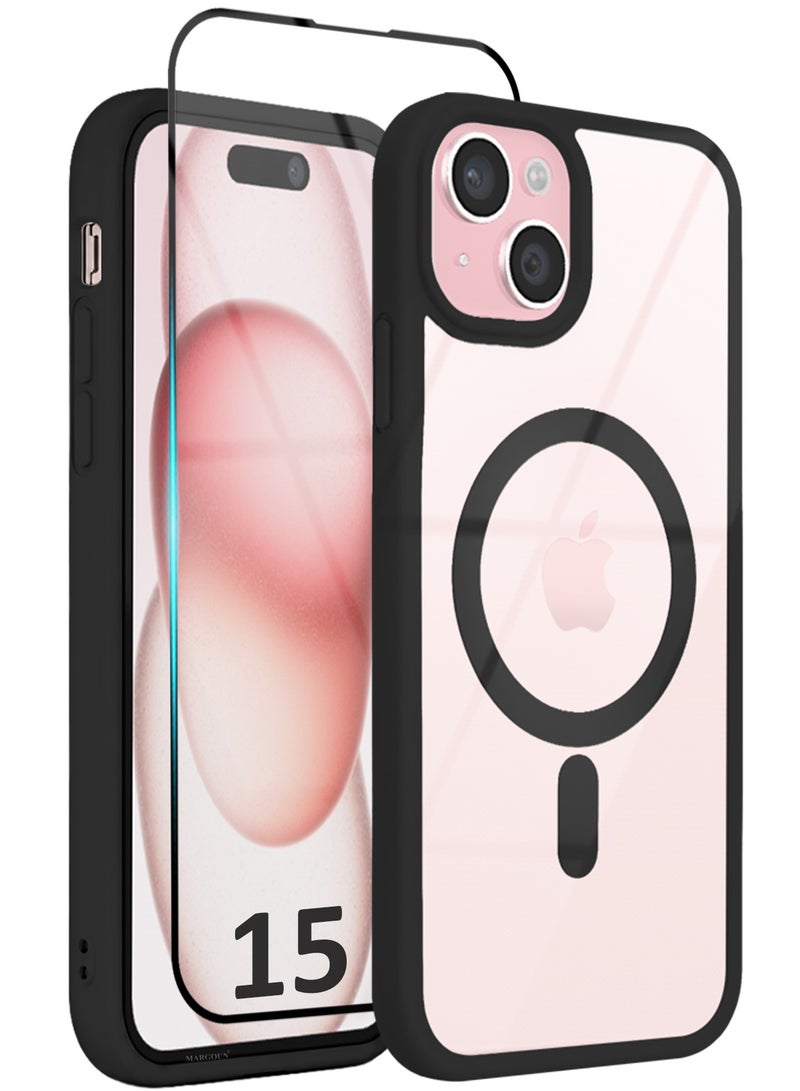 CATANES 2 PACK MagSafe Magnetic Clear Case for iPhone 15 6.1 inch - One Case One 3D Screen Protector - Shockproof Protective Cover with Bumper - Black - Image 1