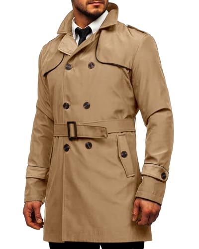 Makkrom Men's Trench Coat Slim fit Double Breasted Notched Lapel Belted Windbreaker Long Jacket Casual Windproof Overcoat - Image 1