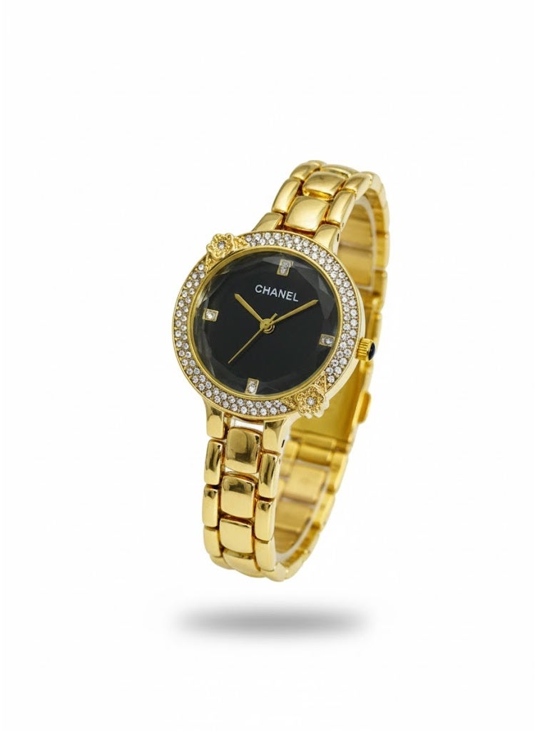 Chanel Women’s Gold-Tone Stainless Steel Watch with Black Dial and Crystal Bezel