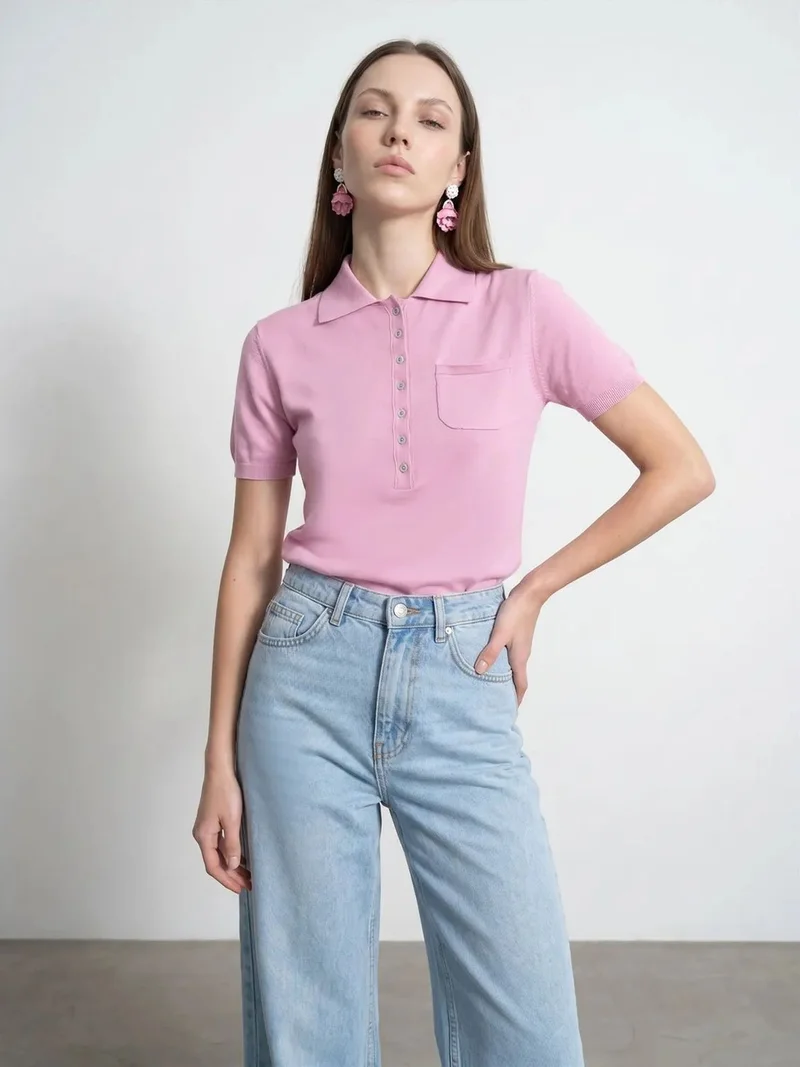 Dilvin Dilvin Slim Fit Polo Collar Knitted Blouse