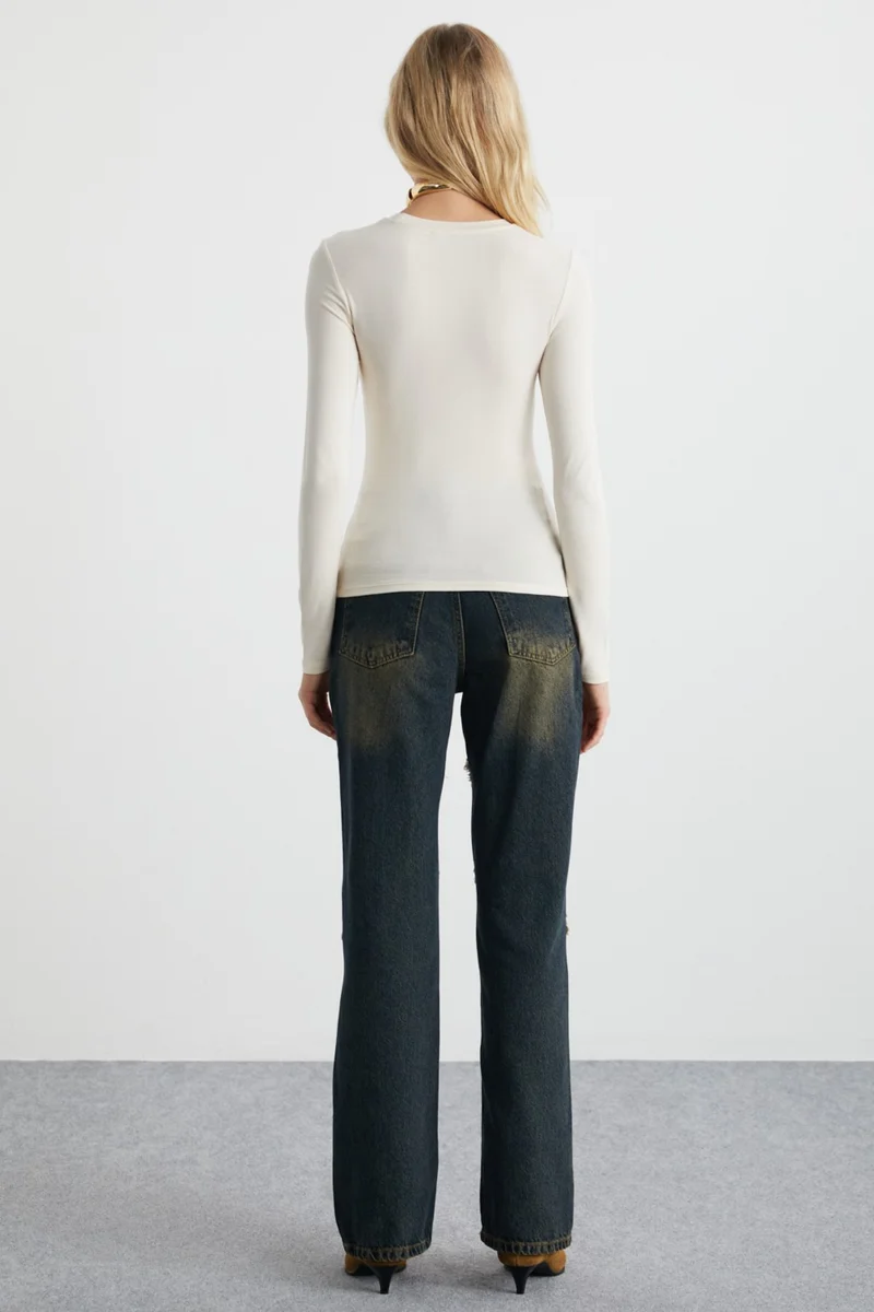 GRIMELANGE New Women's Viscose Round Neck Slim Fit Ecru Blouse