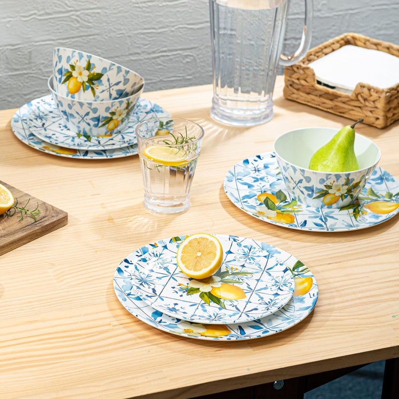bzyoo 12-Piece Melamine Dinnerware Set - Lemon Tiles | Lightweight, Durable, BPA-Free | Dishwasher Safe Dish Set for Indoor & Outdoor Use - Perfect for Camping, BBQs - Image 2