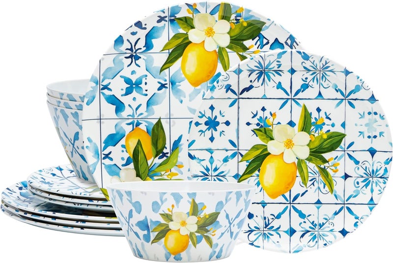 bzyoo 12-Piece Melamine Dinnerware Set - Lemon Tiles | Lightweight, Durable, BPA-Free | Dishwasher Safe Dish Set for Indoor & Outdoor Use - Perfect for Camping, BBQs - Image 1