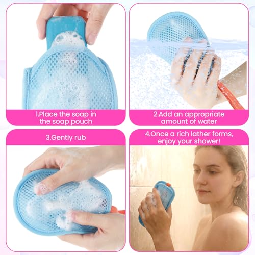 APLZGMG 4 Pcs Mesh Soap Bag, Exfoliating Soap Pouch, Soaps Loofah Pouch for Women and Men, Bar Soaps Scrubber Pouches for Shower Bathing Accessories (Blue, Pink, Green, Khaki) - Image 4