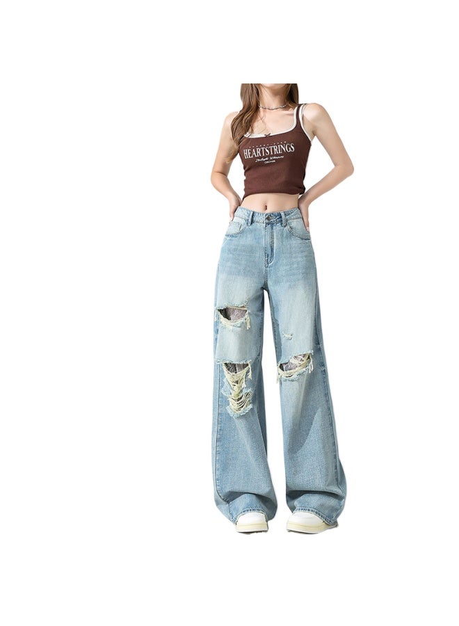 هابي بنطلون الجينز الأزرق الحنيني الممزق للنساء - جديد صيفي واسع ومشدود للخصر مستقيم - Image 1