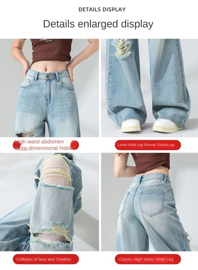 هابي بنطلون الجينز الأزرق الحنيني الممزق للنساء - جديد صيفي واسع ومشدود للخصر مستقيم - Image 2