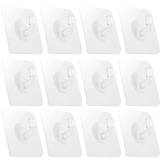 12 PACK ADHESIVE HOOKS CLEAR PLASTIC WATERPROOF HEAVY DUTY STICKY WALL CEILING DOOR WINDOW POTHOOK HOME KITCHEN BATHROOM SHOWER OFFICE FOR HANGING HAT TOWEL PICTURE COATS 12