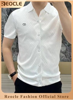 REOCLE Men's T-shirt Short Sleeve Button Down Shirts Regular-Fit Cotton Lapel Shirts Casual T-shirt  - Image 1