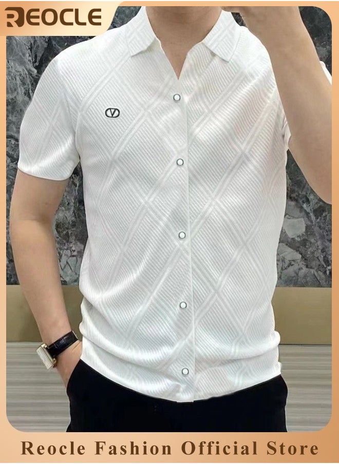REOCLE - Men's T-shirt Short Sleeve Button Down Shirts Regular-Fit Cotton Lapel Shirts Casual T-shirt - Image 1