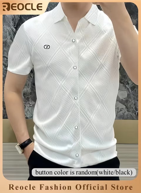 تي شيرت رجالي قصيرة الأكمام زر أسفل القميص تقليم عادي تي شيرت