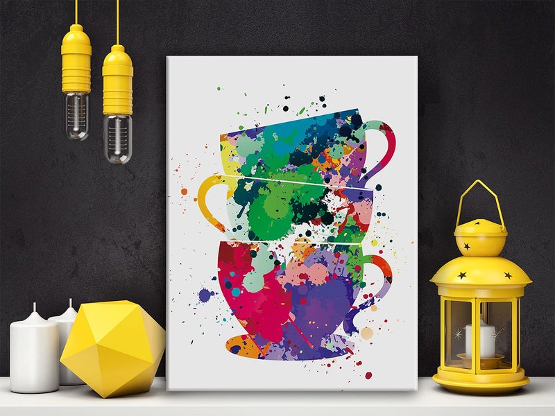 Hijie Coffee Cups Watercolor Poster Canvas Wall Art for Home/Office/Kitchen Decor - Tea Cups Canvas Print Wall Art Painting Ready to Hang Gifts - Easel & Hanging Hook 12x15 Inch - Image 4