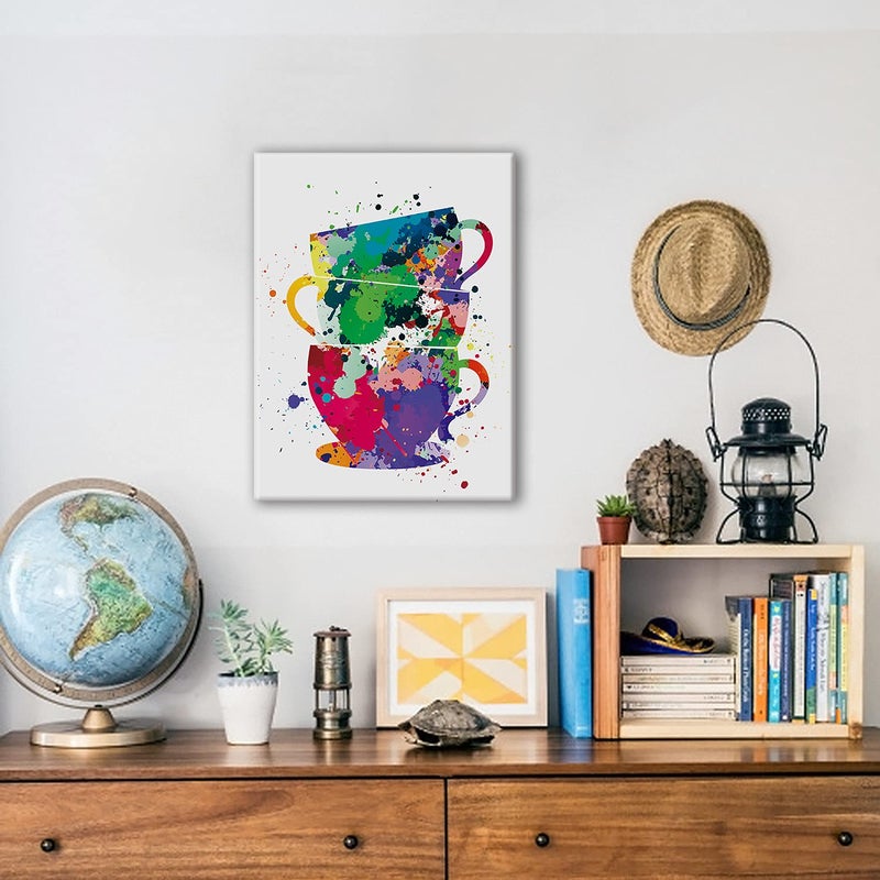 Hijie Coffee Cups Watercolor Poster Canvas Wall Art for Home/Office/Kitchen Decor - Tea Cups Canvas Print Wall Art Painting Ready to Hang Gifts - Easel & Hanging Hook 12x15 Inch - Image 5
