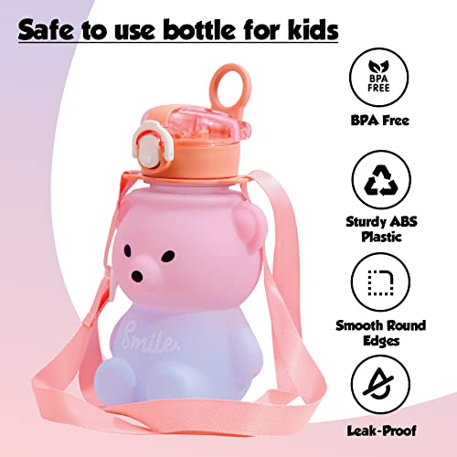 Koochie-Koo Plastic Teddy Bear Water Bottle for Kids, Push Button Open Kids Water Bottle with Straw, Sipper Bottle for Kids with Adjustable Strap and Stickers, 800ml, Pink, 3+Years (Pack of 1) - Image 5