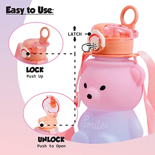 Koochie-Koo Plastic Teddy Bear Water Bottle for Kids, Push Button Open Kids Water Bottle with Straw, Sipper Bottle for Kids with Adjustable Strap and Stickers, 800ml, Pink, 3+Years (Pack of 1) - Image 2