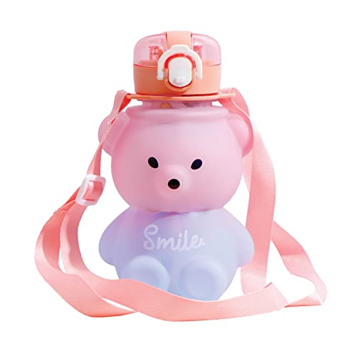 Koochie-Koo Plastic Teddy Bear Water Bottle for Kids, Push Button Open Kids Water Bottle with Straw, Sipper Bottle for Kids with Adjustable Strap and Stickers, 800ml, Pink, 3+Years (Pack of 1) - Image 1