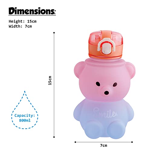 Koochie-Koo Plastic Teddy Bear Water Bottle for Kids, Push Button Open Kids Water Bottle with Straw, Sipper Bottle for Kids with Adjustable Strap and Stickers, 800ml, Pink, 3+Years (Pack of 1) - Image 4