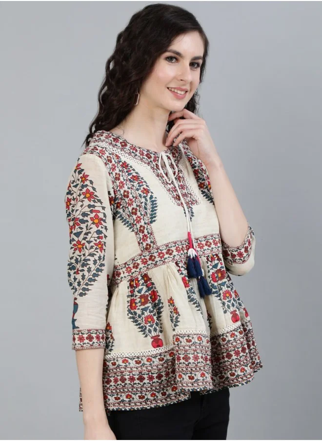 آي شين Aline Fit Self Design Pattern Tie-Up Neck Neck Three-Quarter Sleeves Off White Colour Knitted Cotton Tops for Women with Semi Elastic Closure - Elevate Your Fashion Game