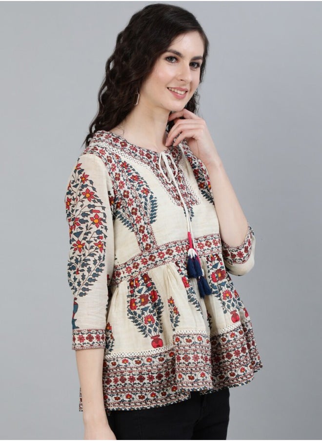 ISHIN Women's Off White 100% Cotton Self Design A-Line Tops  - Image 3