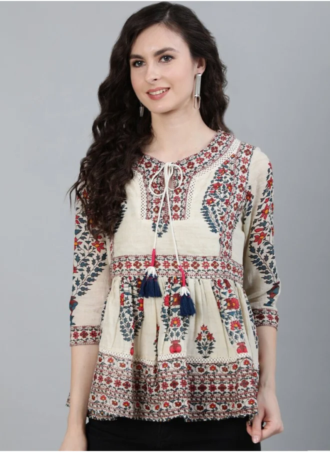 ISHIN Aline Fit Self Design Pattern Tie-Up Neck Neck Three-Quarter Sleeves Off White Colour Knitted Cotton Tops for Women with Semi Elastic Closure - Elevate Your Fashion Game