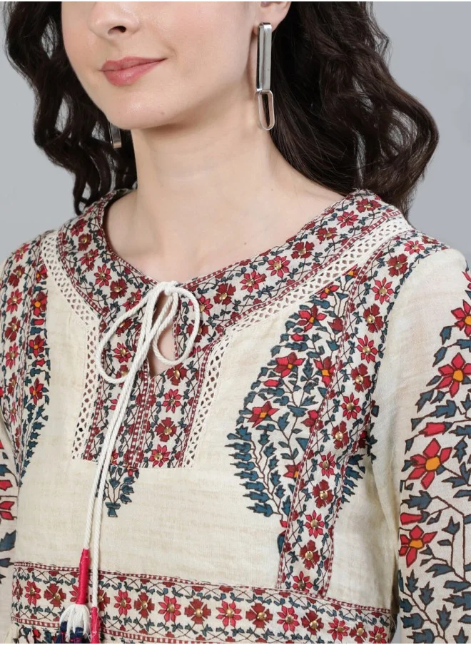 ISHIN Aline Fit Self Design Pattern Tie-Up Neck Neck Three-Quarter Sleeves Off White Colour Knitted Cotton Tops for Women with Semi Elastic Closure - Elevate Your Fashion Game