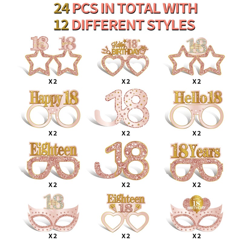 Guiruiy 24PCS 18th Birthday Eyeglasses Decorations for Girls, Pink Rose Gold Happy 18th Birthday Paper Eyeglasses Party Supplies, Eighteen Year Old Bday Glasses Decor - Image 3