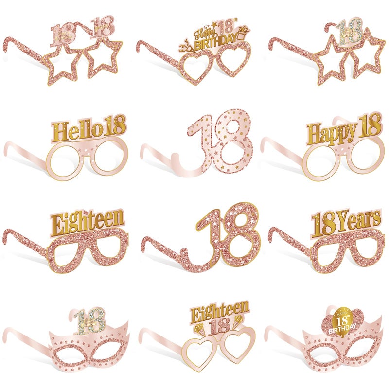 Guiruiy 24PCS 18th Birthday Eyeglasses Decorations for Girls, Pink Rose Gold Happy 18th Birthday Paper Eyeglasses Party Supplies, Eighteen Year Old Bday Glasses Decor - Image 1