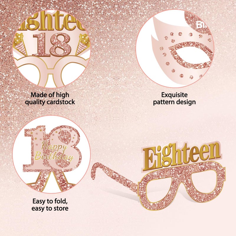 Guiruiy 24PCS 18th Birthday Eyeglasses Decorations for Girls, Pink Rose Gold Happy 18th Birthday Paper Eyeglasses Party Supplies, Eighteen Year Old Bday Glasses Decor - Image 4