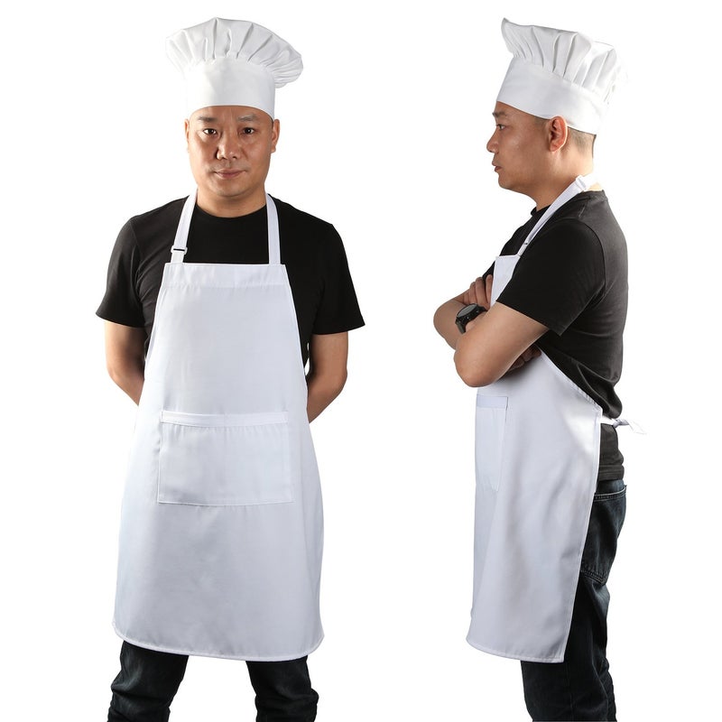 yotache Chef Apron Set, Chef Hat and Kitchen Apron Adult Adjustable White Apron Baker Costume for Men and Women, 1 Set (33" L x 26" W) - Image 1
