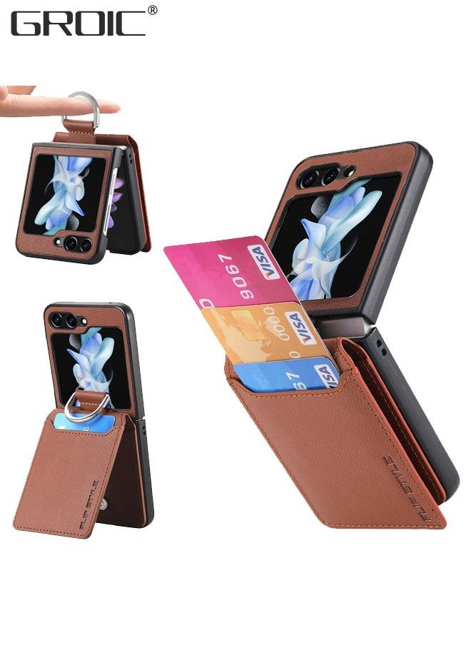 GROIC Samsung Galaxy Z Flip 5 Wallet Case with Card Holder & Ring, Premium PU Leather Phone Case Shockproof Protective Pocket Girls Women Boys Men Brown Flip Case Phone Cover for Samsung Galaxy Z Flip 5  - Image 1