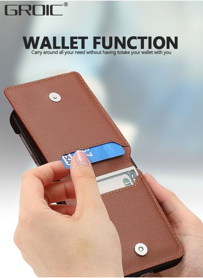 GROIC Samsung Galaxy Z Flip 5 Wallet Case with Card Holder & Ring, Premium PU Leather Phone Case Shockproof Protective Pocket Girls Women Boys Men Brown Flip Case Phone Cover for Samsung Galaxy Z Flip 5  - Image 2