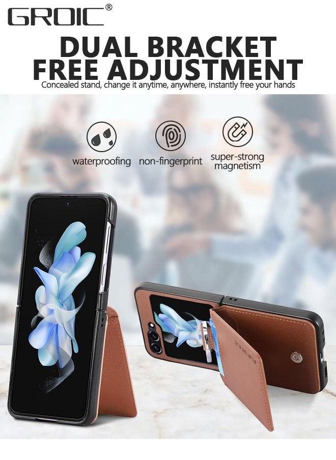 GROIC Samsung Galaxy Z Flip 5 Wallet Case with Card Holder & Ring, Premium PU Leather Phone Case Shockproof Protective Pocket Girls Women Boys Men Brown Flip Case Phone Cover for Samsung Galaxy Z Flip 5  - Image 3