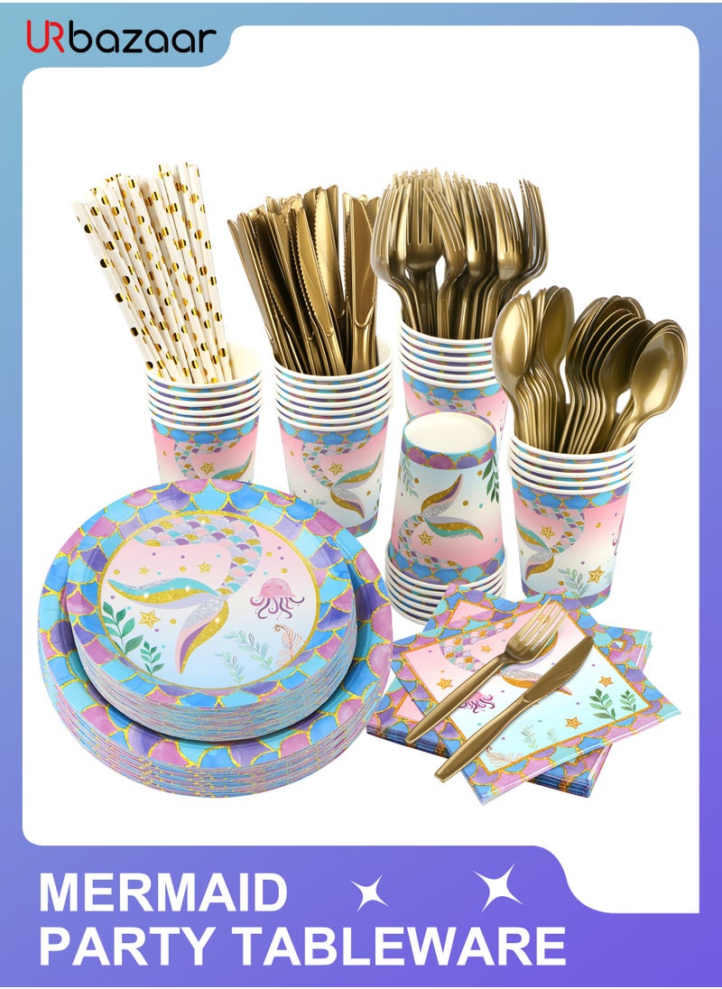 URbazaar - 200Pack Mermaid Birthday Party Supplies, Birthday Plates and Napkins Party Supplies Tableware Set, Happy Birthday Decorations - Image 1