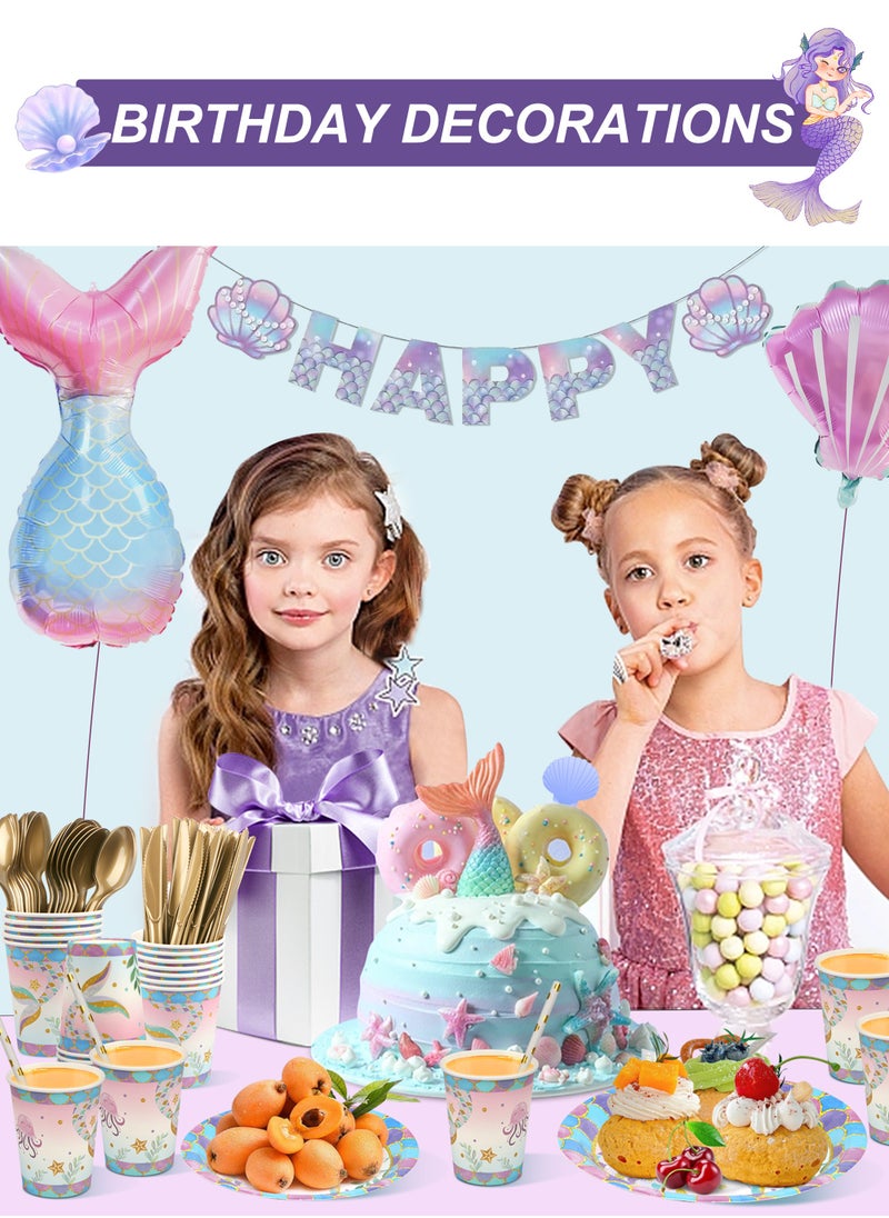 URbazaar - 200Pack Mermaid Birthday Party Supplies, Birthday Plates and Napkins Party Supplies Tableware Set, Happy Birthday Decorations - Image 1