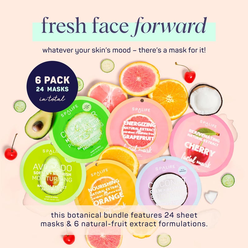 SpaLife Beauty Fruit Facial Sheet Masks 24 Pack â€“ Face Masks Skincare Set â€“ Hydrating Face Masks â€“ 6 Natural Fruit Extract Formulas â€“ Orange, Grapefruit, Coconut, Cherry, Avocado, Cucumber - Image 2