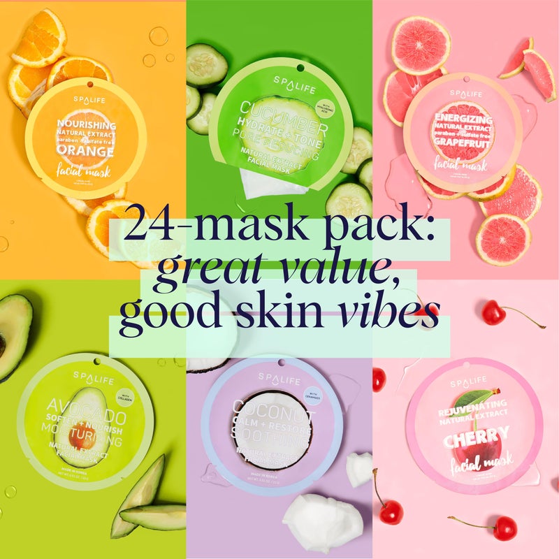 SpaLife Beauty Fruit Facial Sheet Masks 24 Pack â€“ Face Masks Skincare Set â€“ Hydrating Face Masks â€“ 6 Natural Fruit Extract Formulas â€“ Orange, Grapefruit, Coconut, Cherry, Avocado, Cucumber - Image 3