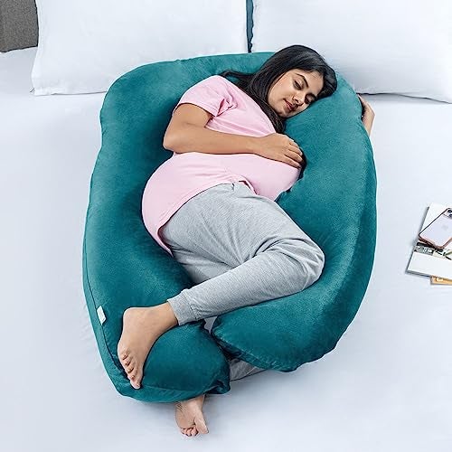 Wakefit Pregnancy Pillow | 3 Month Warranty | Velvet U-Shape Maternity Pillow for Pregnant Mothers, Pillow for Pregnant Women | Peacock Green - Image 2