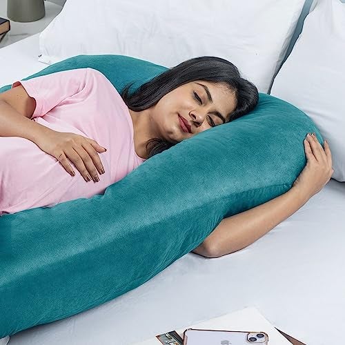 Wakefit Pregnancy Pillow | 3 Month Warranty | Velvet U-Shape Maternity Pillow for Pregnant Mothers, Pillow for Pregnant Women | Peacock Green - Image 3