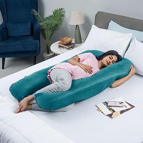 Wakefit Pregnancy Pillow | 3 Month Warranty | Velvet U-Shape Maternity Pillow for Pregnant Mothers, Pillow for Pregnant Women | Peacock Green - Image 1