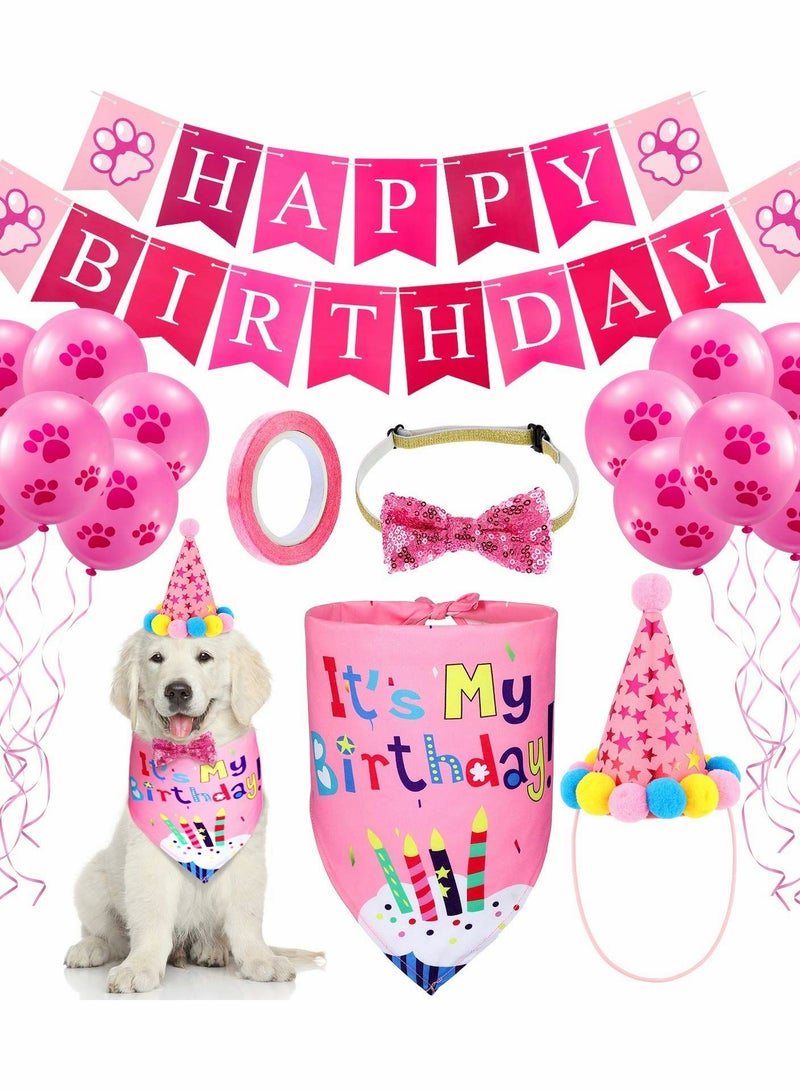 KASTWAVE Dog Birthday Bandana Hat Set Dog Birthday Hat Bandana Scarf Shining Dog Bow Tie Collar Dog Happy Birthday Banner and 10 Piece 12 Inch Paw Print Balloon with Tape for Dog Pet Pink  - Image 1