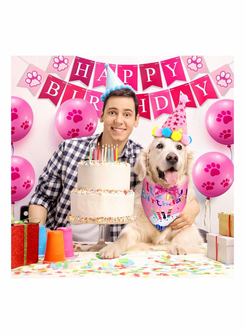 KASTWAVE Dog Birthday Bandana Hat Set Dog Birthday Hat Bandana Scarf Shining Dog Bow Tie Collar Dog Happy Birthday Banner and 10 Piece 12 Inch Paw Print Balloon with Tape for Dog Pet Pink  - Image 3