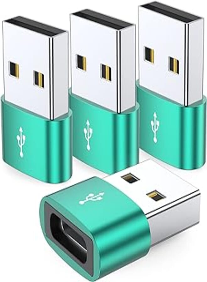 JXMOX USB C Female to USB Male Adapter 4-Pack, Type C to USB A Charger Cable Converter,Compatible with iPhone 11 12 13 14 Plus Pro Max,iPad Air 4 5 Mini 6,Samsung Galaxy S23+ S22 S21 S20 (Green)