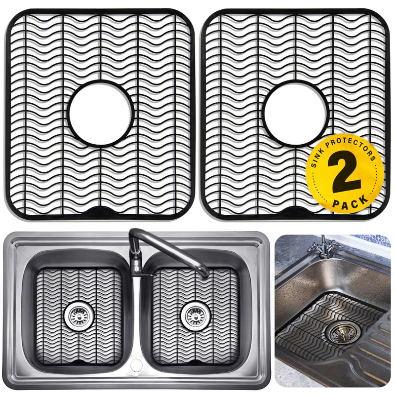DecorRack 2 Sink Protectors for Kitchen Sink, Plastic 12" x 11" Dish Rack, Protect Sink from Stains, Damage, Scratches, Dishwasher Safe Grid Mat for Kitchen (2 Pack, Black) - Image 1