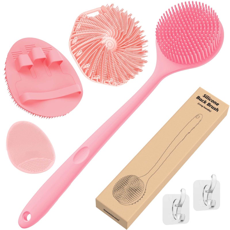 Manmihealth Silicone Back Scrubber & Soft Bath Glove Set 4 PCS(Thin Bristles), Super-Exfoliating Body Scrubber & Super-Lathering Shower Face Brush Combination, with 2 Free Hooks (Pink) - Image 1
