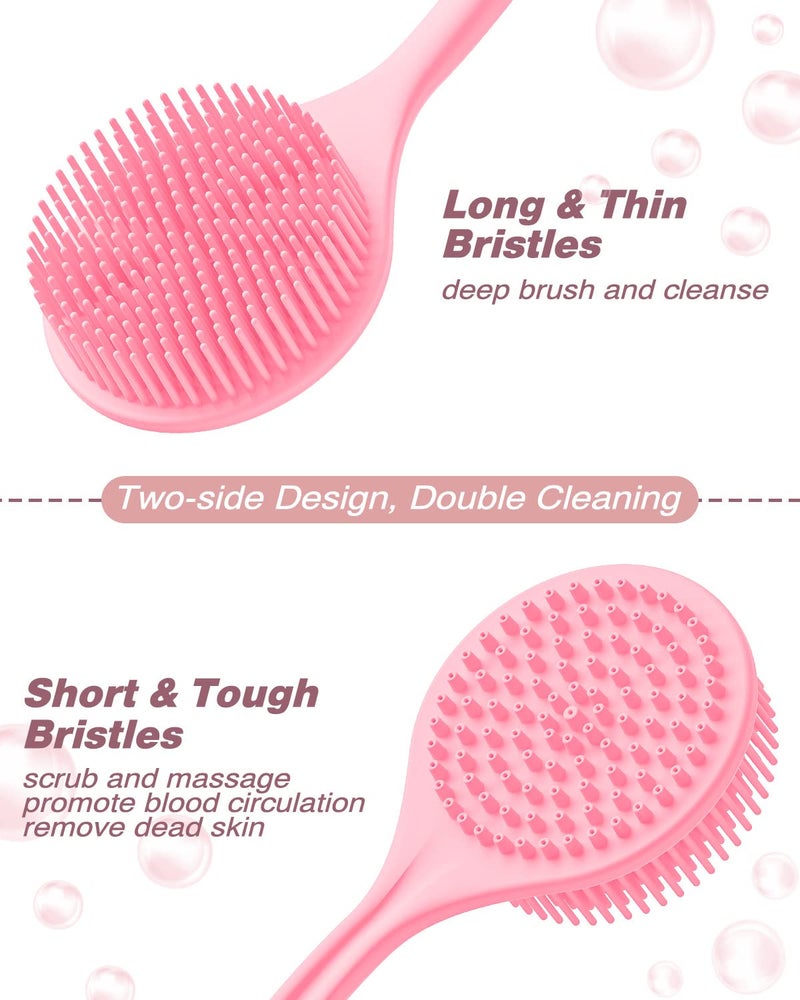 Manmihealth Silicone Back Scrubber & Soft Bath Glove Set 4 PCS(Thin Bristles), Super-Exfoliating Body Scrubber & Super-Lathering Shower Face Brush Combination, with 2 Free Hooks (Pink) - Image 3