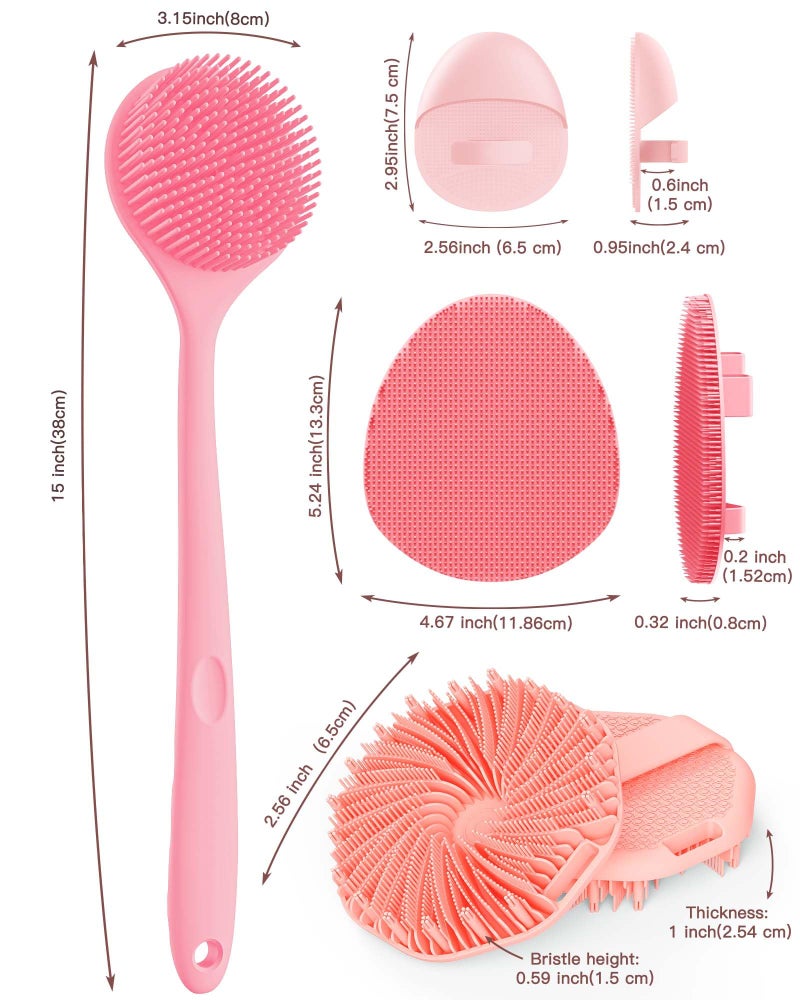 Manmihealth Silicone Back Scrubber & Soft Bath Glove Set 4 PCS(Thin Bristles), Super-Exfoliating Body Scrubber & Super-Lathering Shower Face Brush Combination, with 2 Free Hooks (Pink) - Image 2