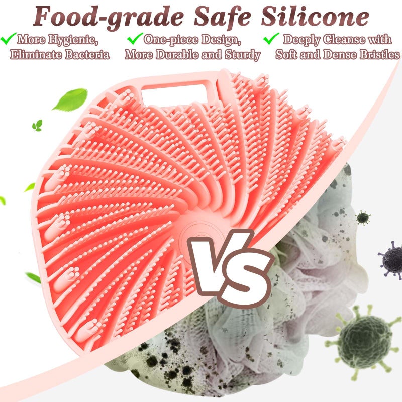 Manmihealth Silicone Back Scrubber & Soft Bath Glove Set 4 PCS(Thin Bristles), Super-Exfoliating Body Scrubber & Super-Lathering Shower Face Brush Combination, with 2 Free Hooks (Pink) - Image 4